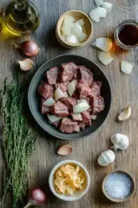 A rustic arrangement of ingredients for French Onion Beef and Noodles, including cubed beef, chopped onions, garlic, thyme, egg noodles, sea salt, olive oil, and a dark broth, laid out on a wooden surface.