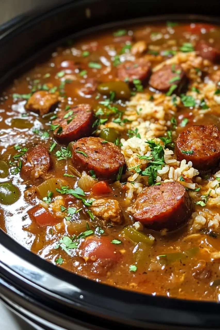 A slow cooker filled with rich and flavorful gumbo, featuring sliced andouille sausage, tender chicken, bell peppers, tomatoes, and rice, garnished with fresh parsley.