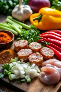 Fresh ingredients for Slow Cooker Gumbo, including sliced andouille sausage, raw chicken, chopped onions, celery, garlic, bell peppers, red chili peppers, and Cajun spices, arranged on a wooden board.