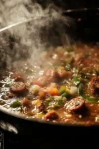 A steaming pot of Slow Cooker Gumbo filled with sliced andouille sausage, bell peppers, onions, and a rich, flavorful broth simmering to perfection.