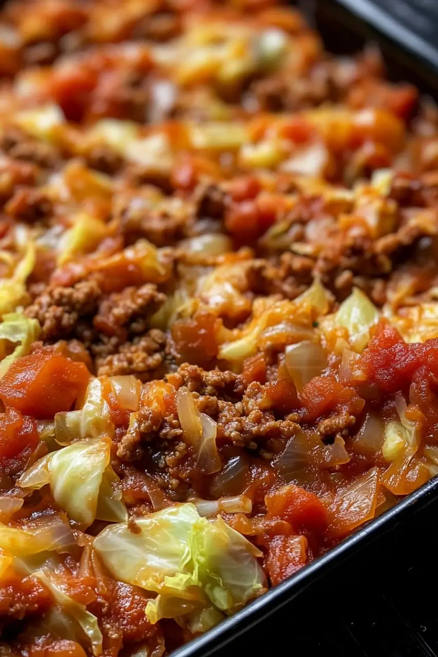 A close-up of a freshly baked cabbage roll casserole in a black baking dish, featuring tender cabbage, seasoned ground meat, and a rich tomato sauce.