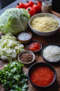 A collection of fresh ingredients for making cabbage roll casserole, including green cabbage, tomatoes, ground meat, rice, shredded cheese, tomato sauce, and seasonings, all arranged on a wooden board.