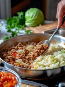 A close-up of a skillet filled with seasoned ground meat, tomatoes, and sautéed cabbage being stirred with a spoon, with fresh cabbage and parsley in the background.