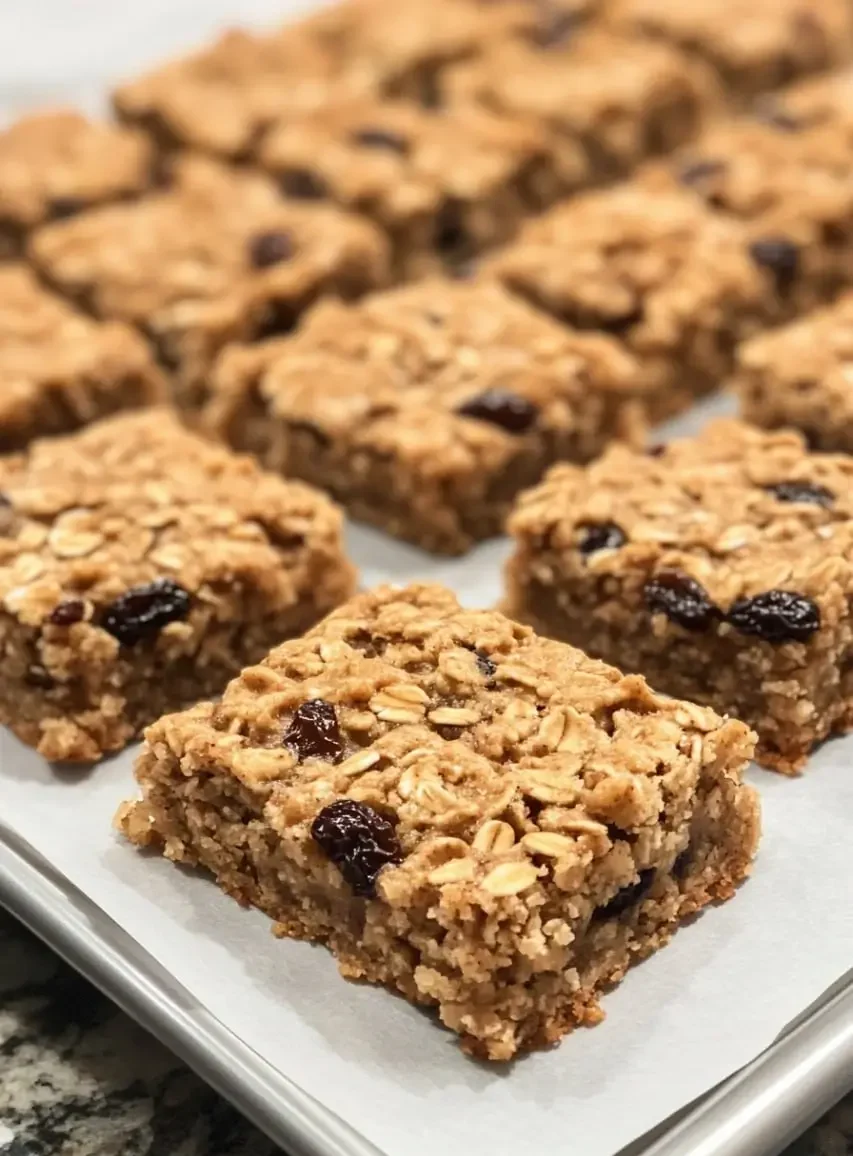 Freshly baked oatmeal raisin cookie bars arranged neatly on a parchment-lined baking sheet, featuring a chewy texture with golden oats and plump raisins.