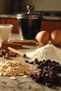 A rustic kitchen scene featuring baking ingredients for oatmeal raisin cookie bars, including flour, oats, raisins, walnuts, cinnamon sticks, eggs, and milk, arranged on a marble countertop in warm natural lighting.