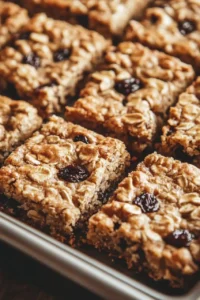 Freshly baked oatmeal raisin cookie bars in a baking tray, featuring a golden-brown, chewy texture with plump raisins and hearty oats.