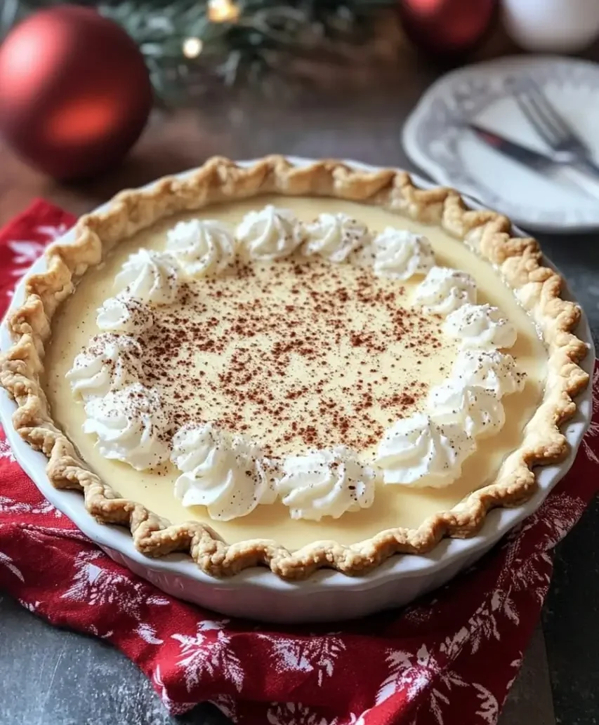 A festive Holiday Eggnog Pie with a golden, flaky crust, topped with whipped cream swirls and a dusting of nutmeg, set against a holiday backdrop with twinkling lights and Christmas ornaments.