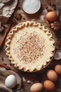 A creamy holiday eggnog pie with a flaky, crimped crust, dusted with nutmeg, surrounded by cinnamon sticks, eggs, and star anise on a rustic wooden table.