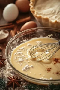 A glass bowl filled with creamy eggnog pie filling being whisked, with flour, cinnamon, and nutmeg sprinkled on top, surrounded by eggs, cinnamon sticks, and a partially prepared pie crust in the background.