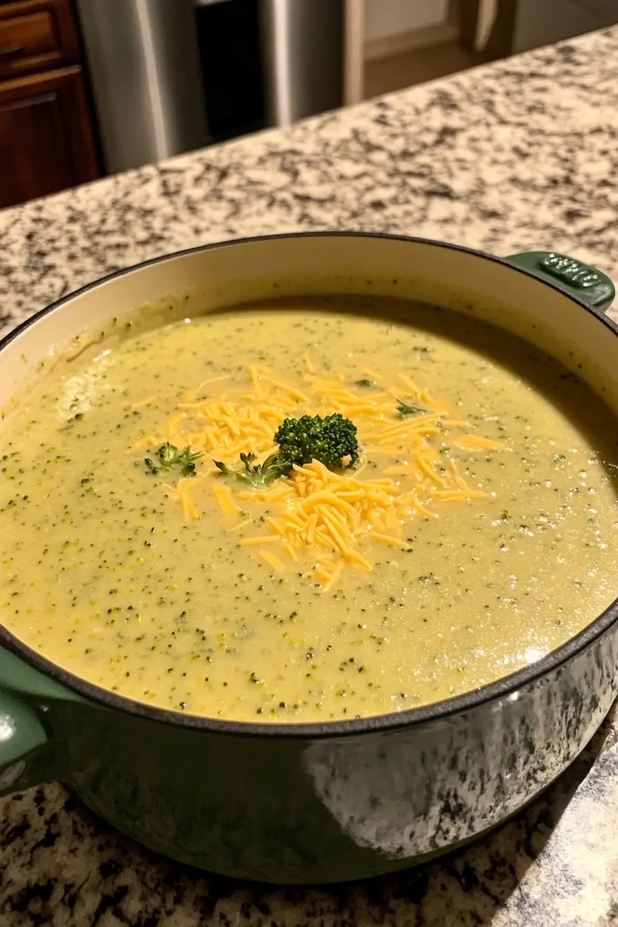 A bowl of homemade broccoli cheddar soup with shredded cheese and fresh broccoli garnish.