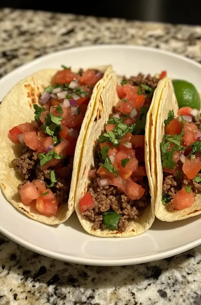 Three soft shell tacos filled with seasoned ground beef, fresh pico de gallo, and garnished with cilantro, served on a white plate with a lime wedge.