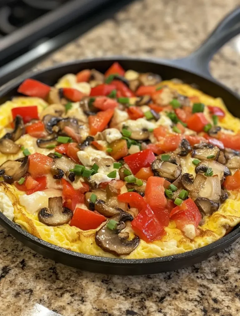 A freshly cooked veggie omelette in a skillet, topped with sautéed mushrooms, diced tomatoes, green onions, and melted cheese.