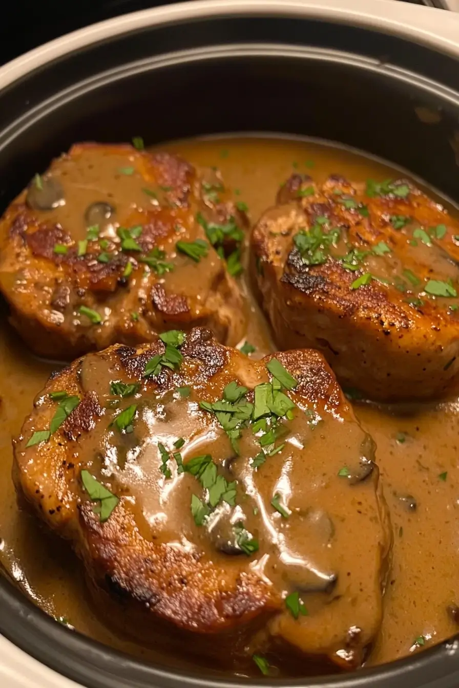 Juicy pork chops in a rich brown gravy, garnished with fresh parsley, inside a slow cooker.