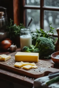 Rustic display of fresh broccoli, butter, and milk near a window with natural lighting.