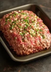 Uncooked meatloaf mixture shaped into a loaf, garnished with chopped onions and parsley, placed in a loaf pan ready for baking.