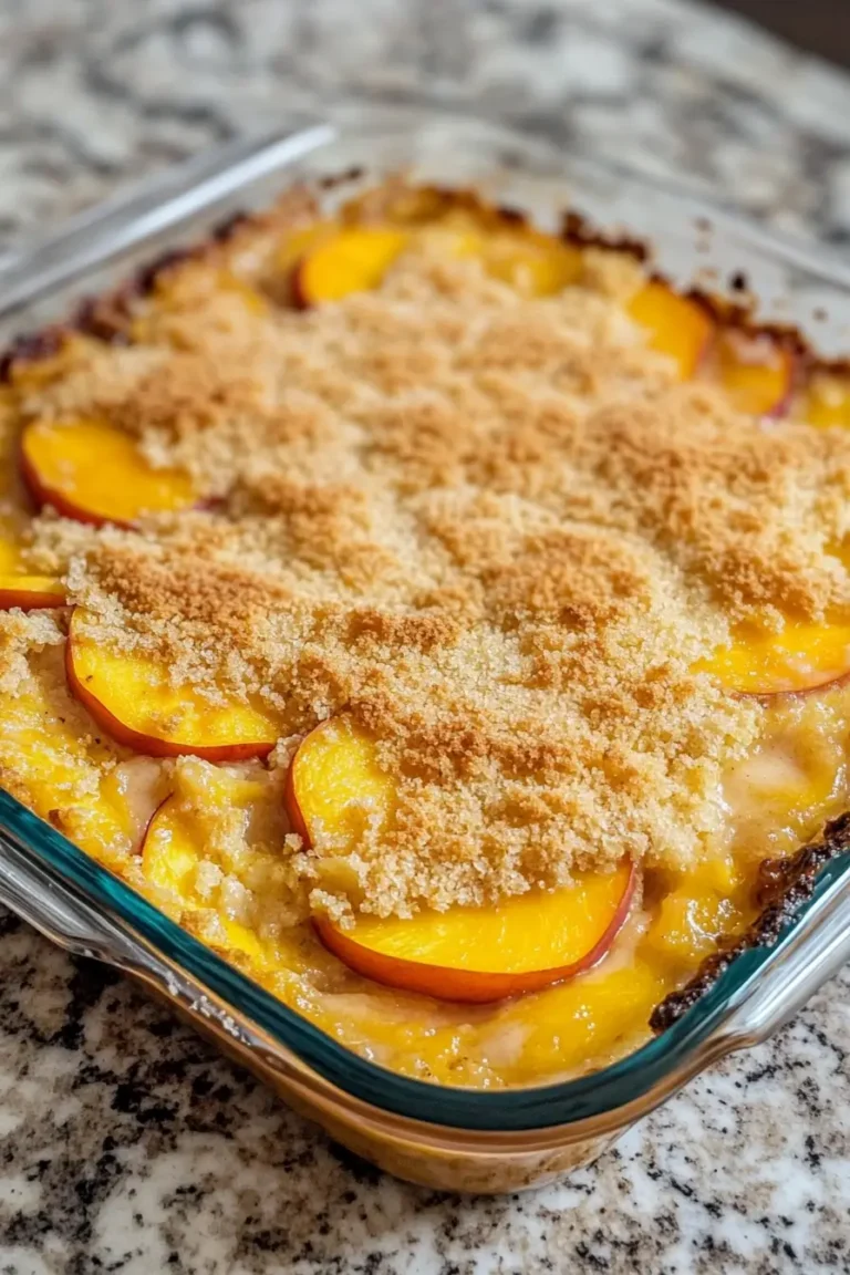 Freshly baked peach cobbler with a golden brown crumb topping in a glass baking dish.