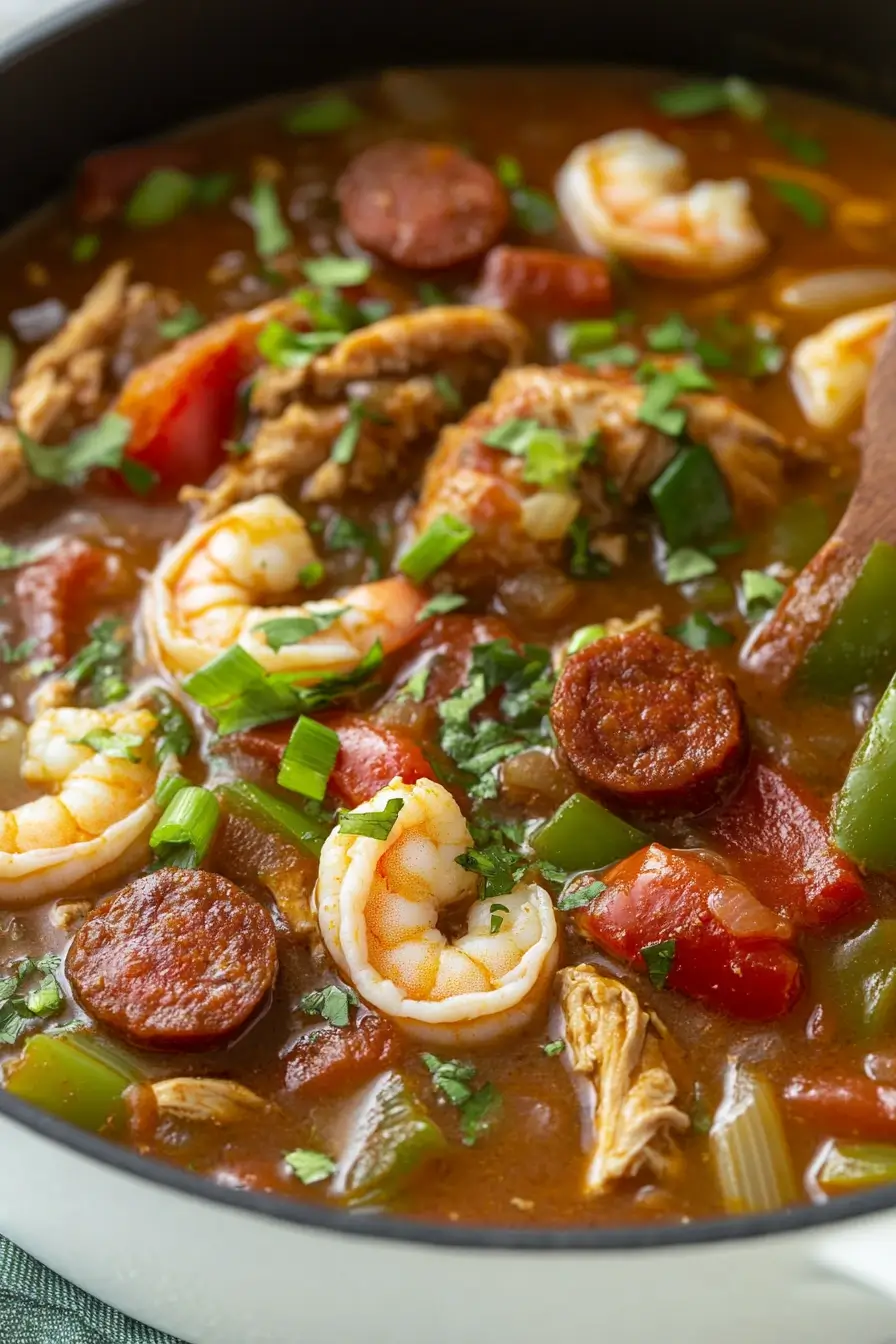 Bowl of authentic New Orleans Gumbo filled with shrimp, sausage, chicken, bell peppers, and herbs in a rich, spiced roux sauce.